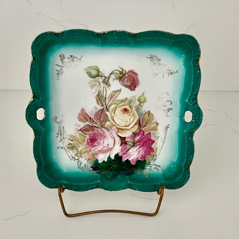 Bavaria Floral Decorative Square Plate with Teal Border